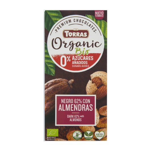 Chocolate Negro 62% Cacao Sin azúcar con Almendras Enteras Bio Torras 150 gr