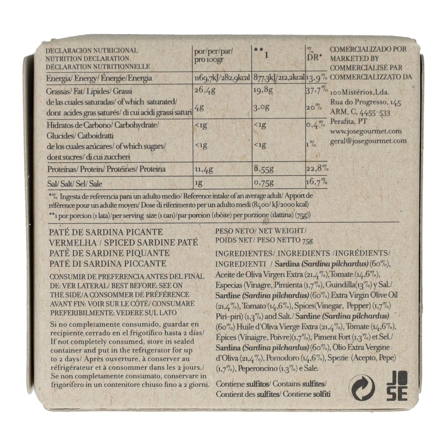 Paté de Sardina Picante Conservas Jose Gourmet 75 g