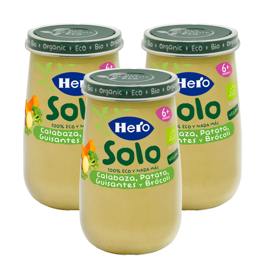 Pack 3x Tarrito de Calabaza, Patata, Guisantes y Brócoli Eco 190 g-Hero Solo