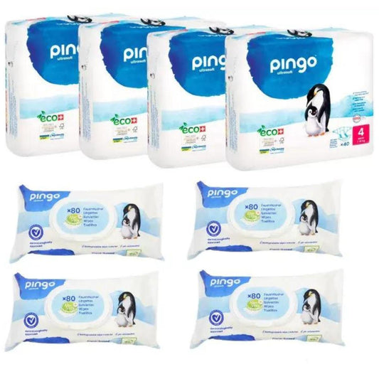 Pack 4X 160 Pañales (7-18kg) + 4X80 Toallitas húmedas Pingo