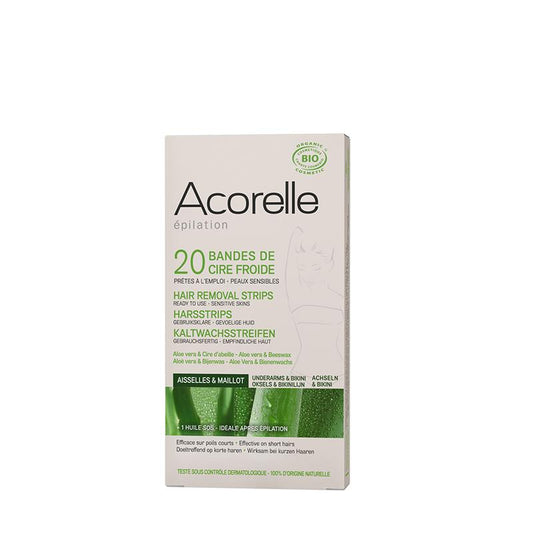 Bandas Depilatorias de Cera Fría para ingles y axilas Acorelle, 20 ud