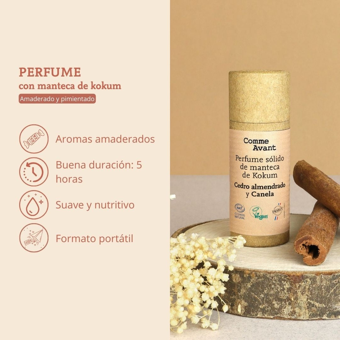 Perfume sólido amaderado y especiado con manteca de kokum Tonka y Madera de sándalo Comme Avant 20 ml