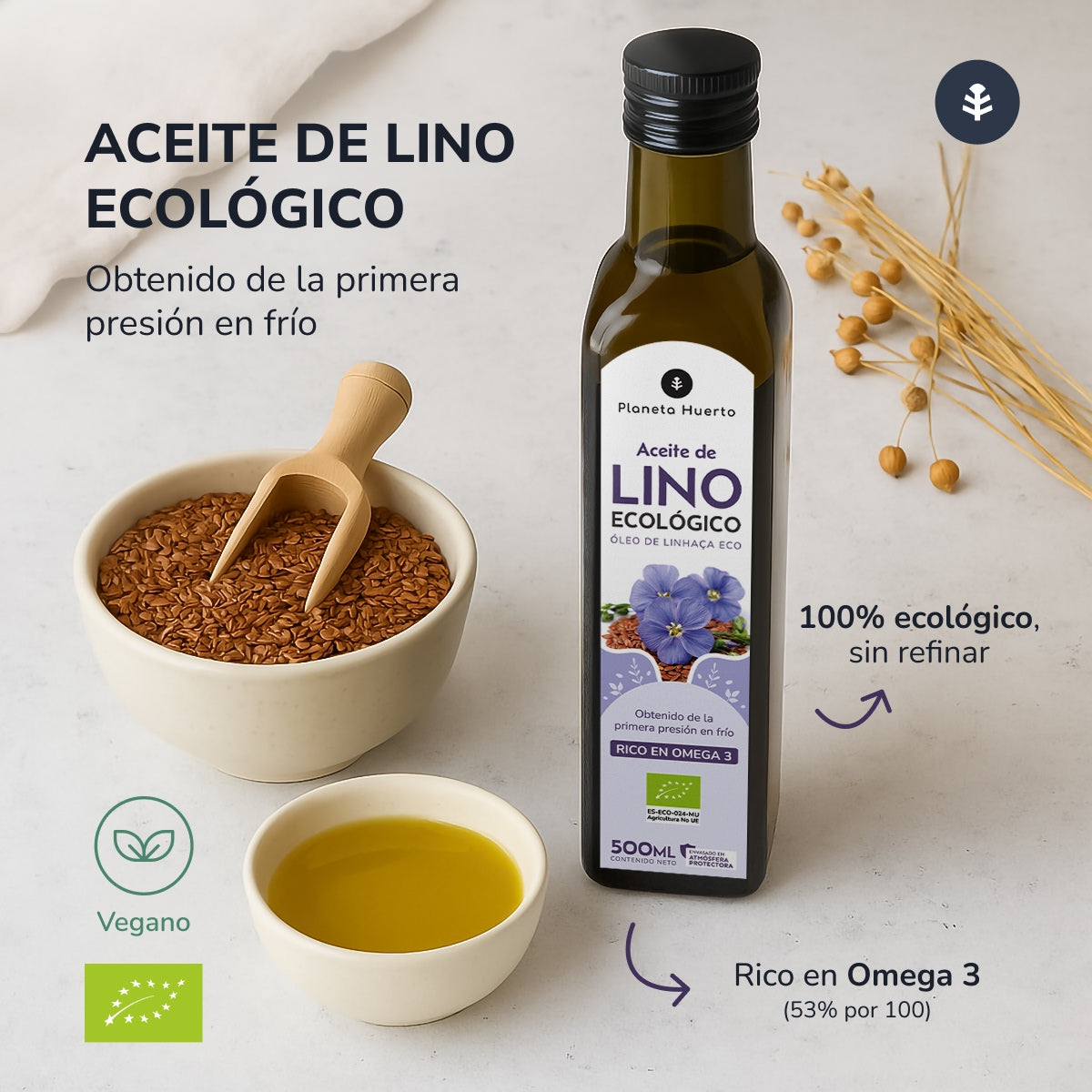 Pack 2x Aceite de Lino prensado en frío ECO Planeta Huerto 500 ml