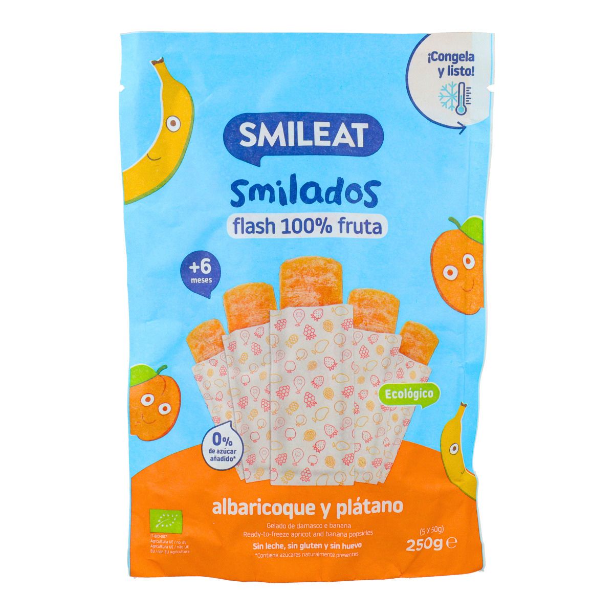 SMILADO albaricoque y plátano ecológico, helado flash infantil 100% fruta SMILEAT