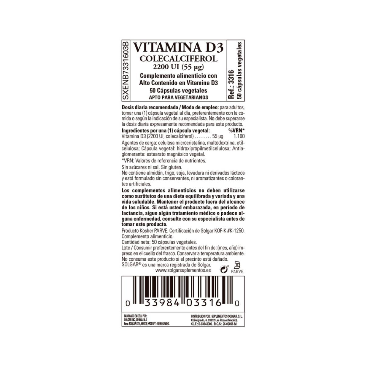 Pack 2x Vitamina D3  2200 UI, Solgar, 50 cápsulas vegetales