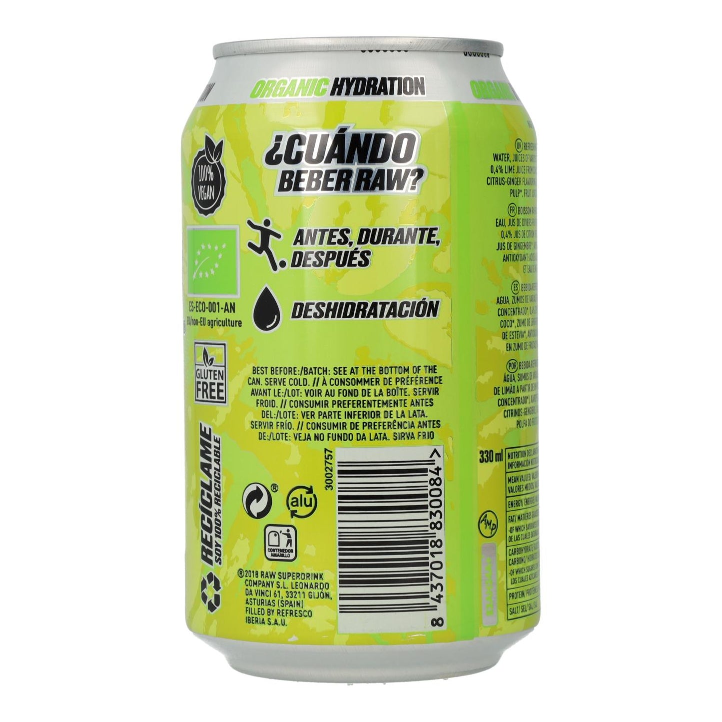 Bebida Isotónica BIO sabor Lima y Limón RAW Lata de 330 ml