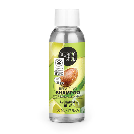 Champú reparador para cabello dañado aguacate y oliva Organic Shop 50 ml
