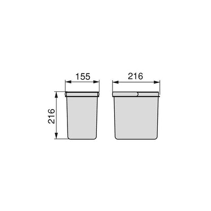 Contenedores para cajón de cocina Recycle, Altura 216, 2x12, Plástico gris antracita Emuca