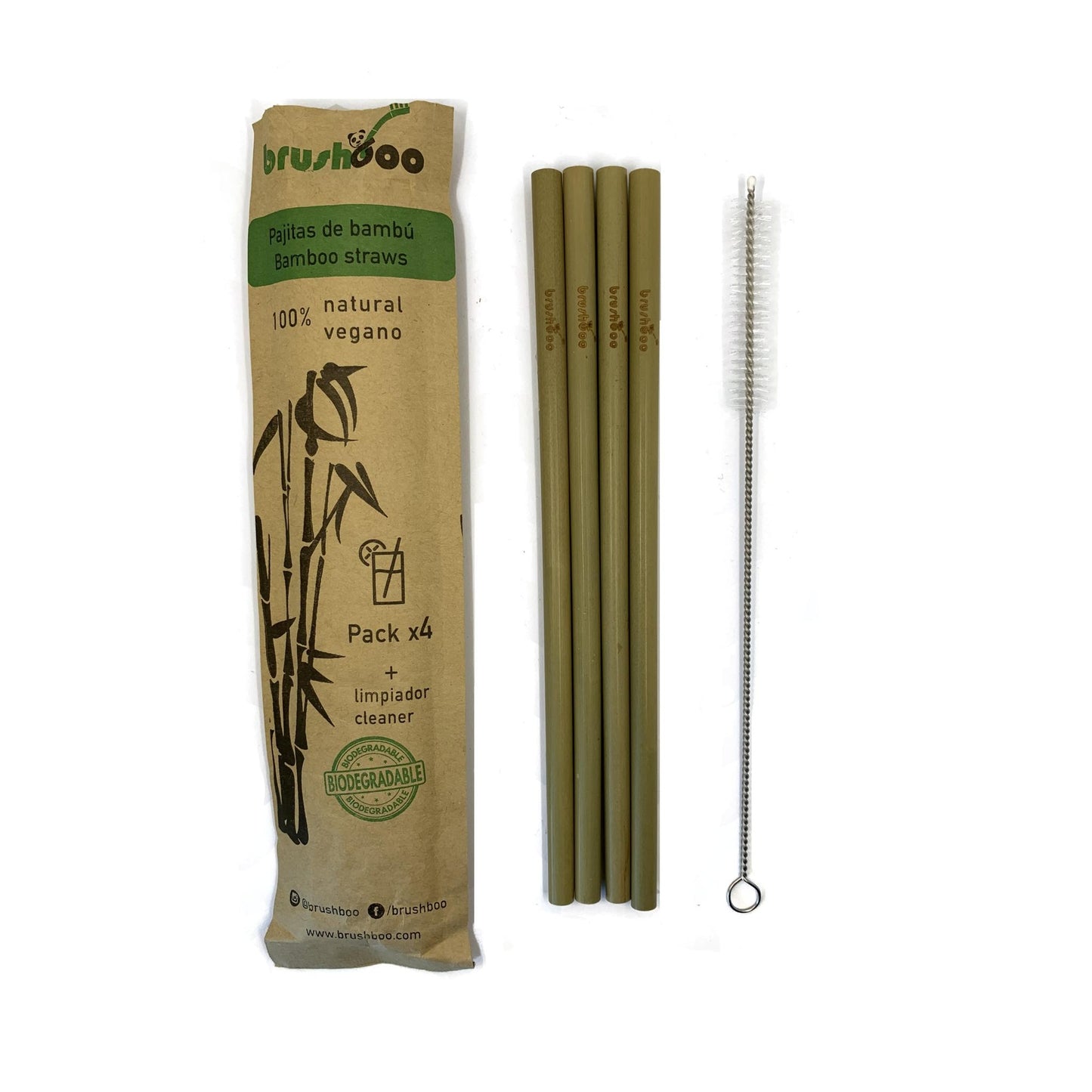 Pack 4 pajitas de bambú y limpiador Brushboo