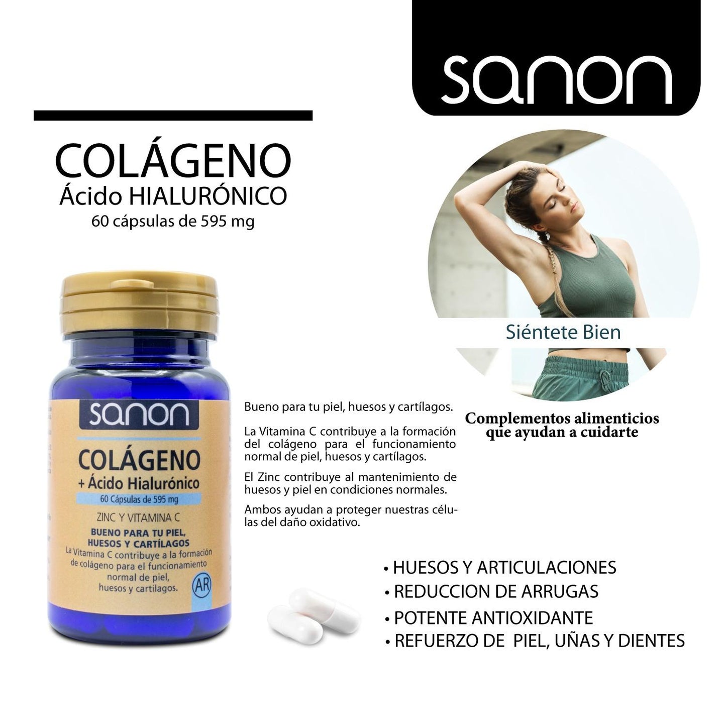 Colágeno + Ácido Hialurónico SANON 60 cápsulas de 479mg FR