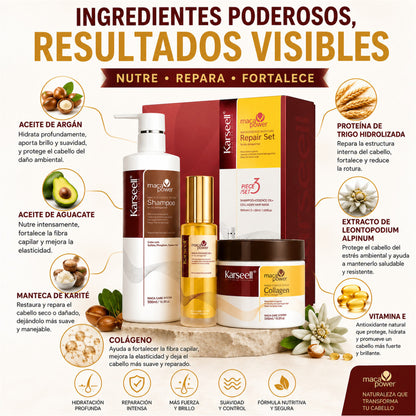 Set Mascarilla Colágeno + Aceite + Champú Maca Karseell 500ml + 50ml + 500ml
