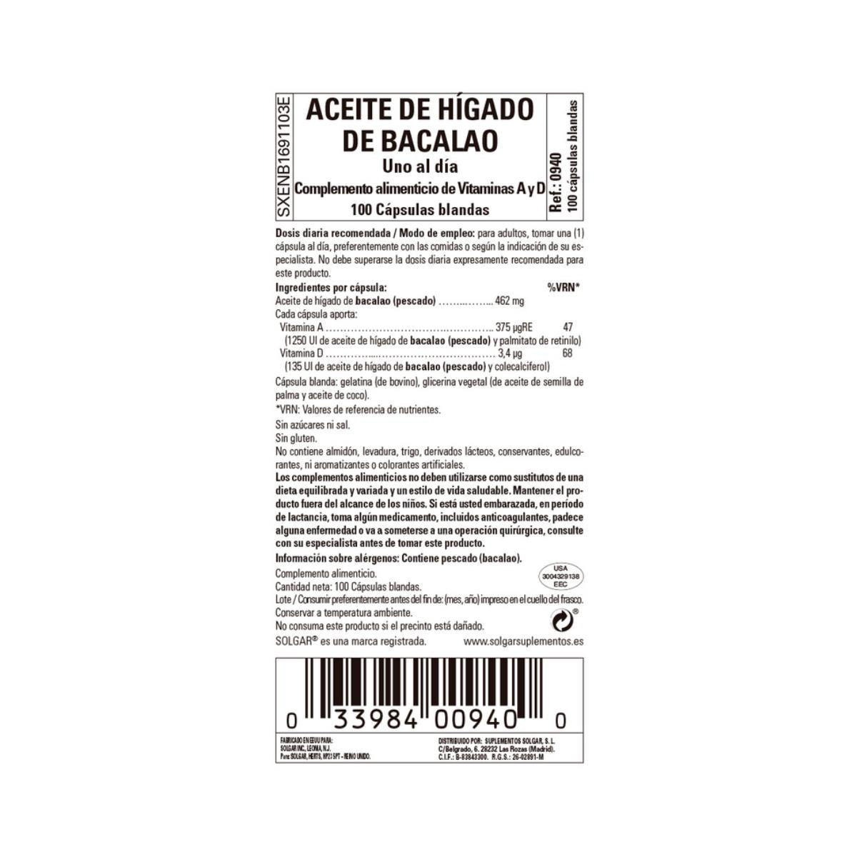 Aceite de Higado de Bacalao Solgar 100 cápsulas