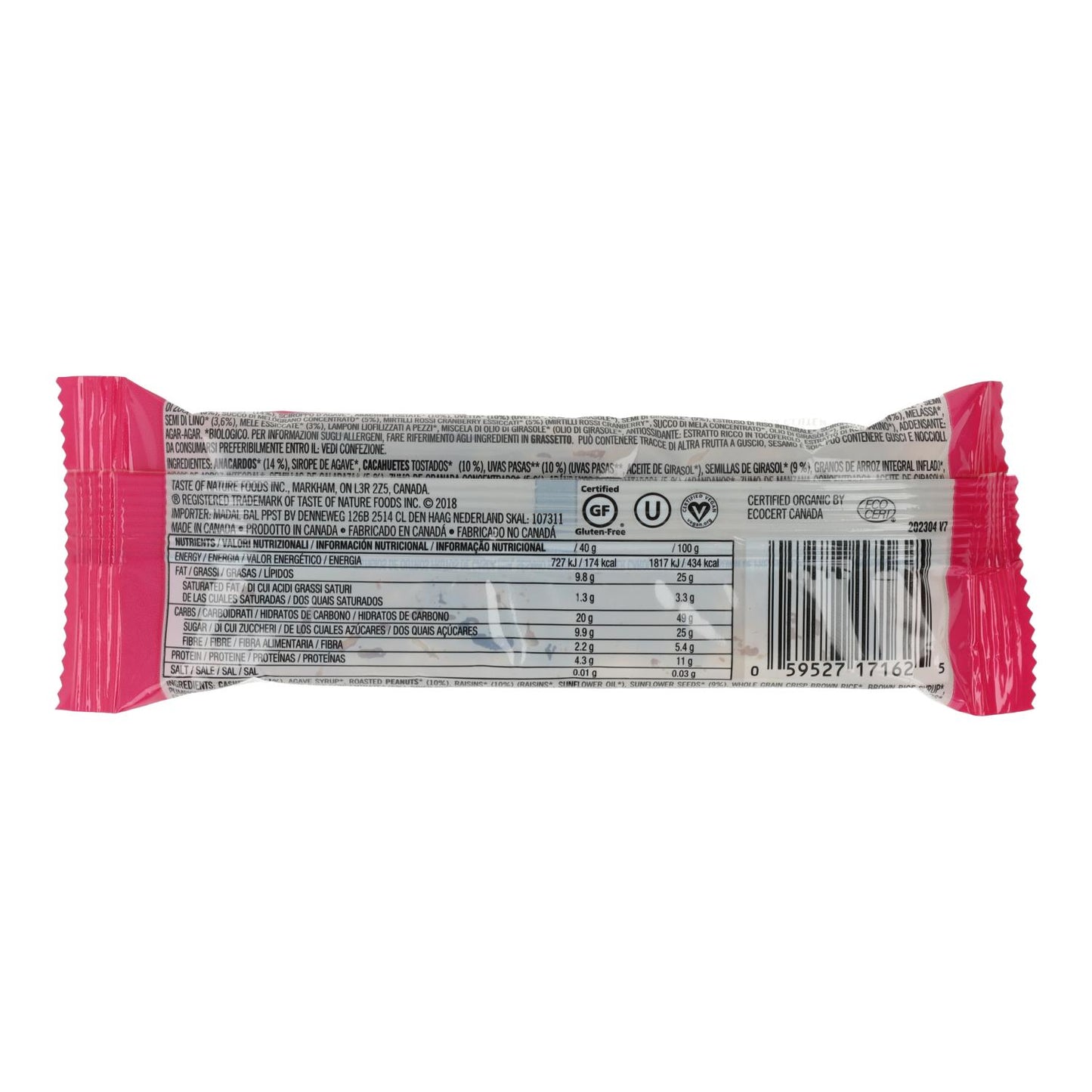 Barrita de frutos secos con granada sin gluten BIO Taste Of Nature 40 g