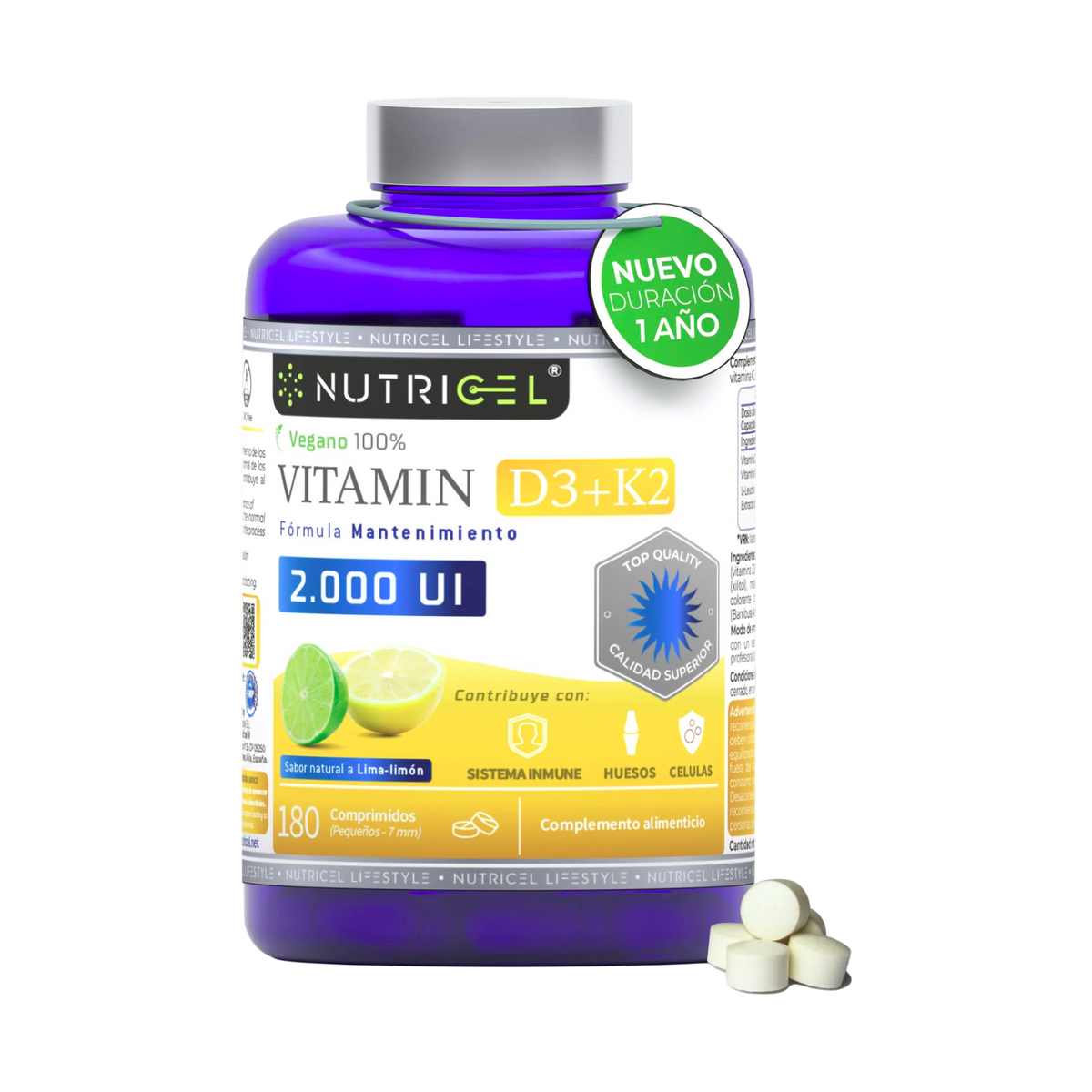 Vitamina D3 + K2 MK7 2000 UI Vegana Nutricel 180 comprimidos sabor lima-limón