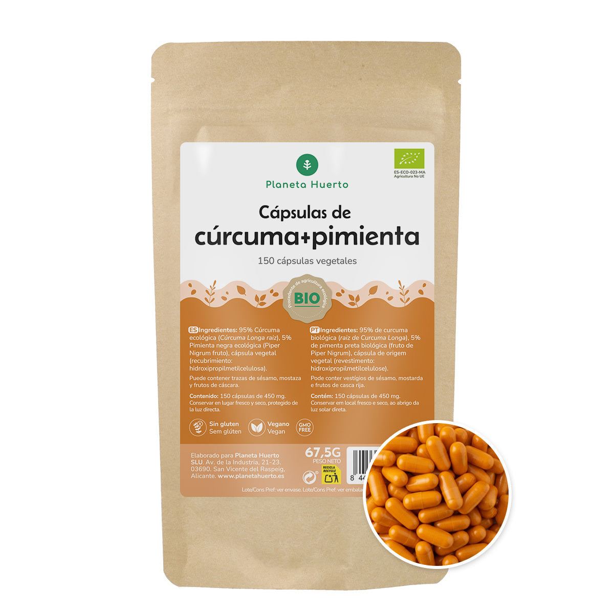 Cúrcuma + Pimienta BIO Planeta Huerto 150 cápsulas