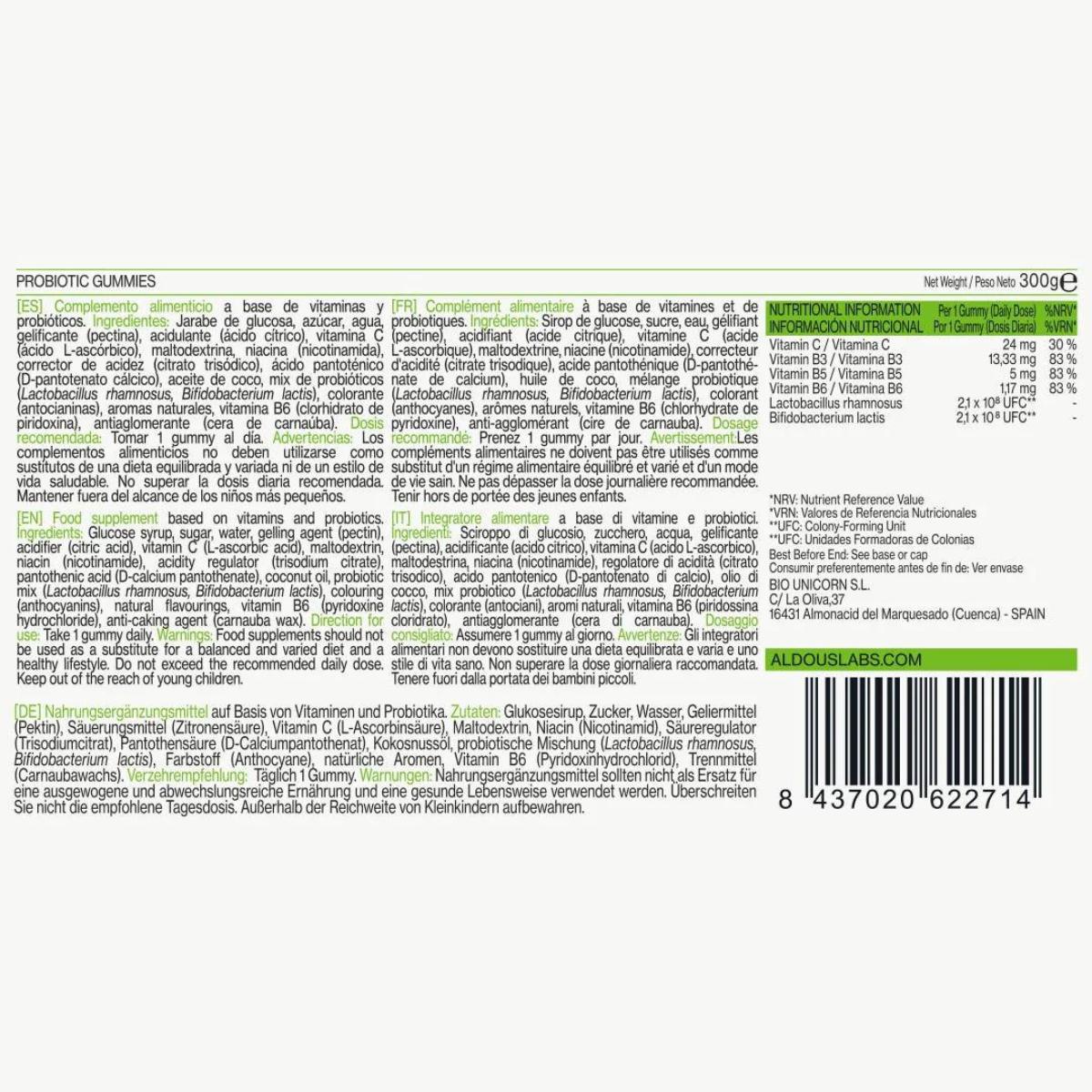 Probióticos con vitaminas en gominolas sabor mora Aldous Bio 120 gominolas