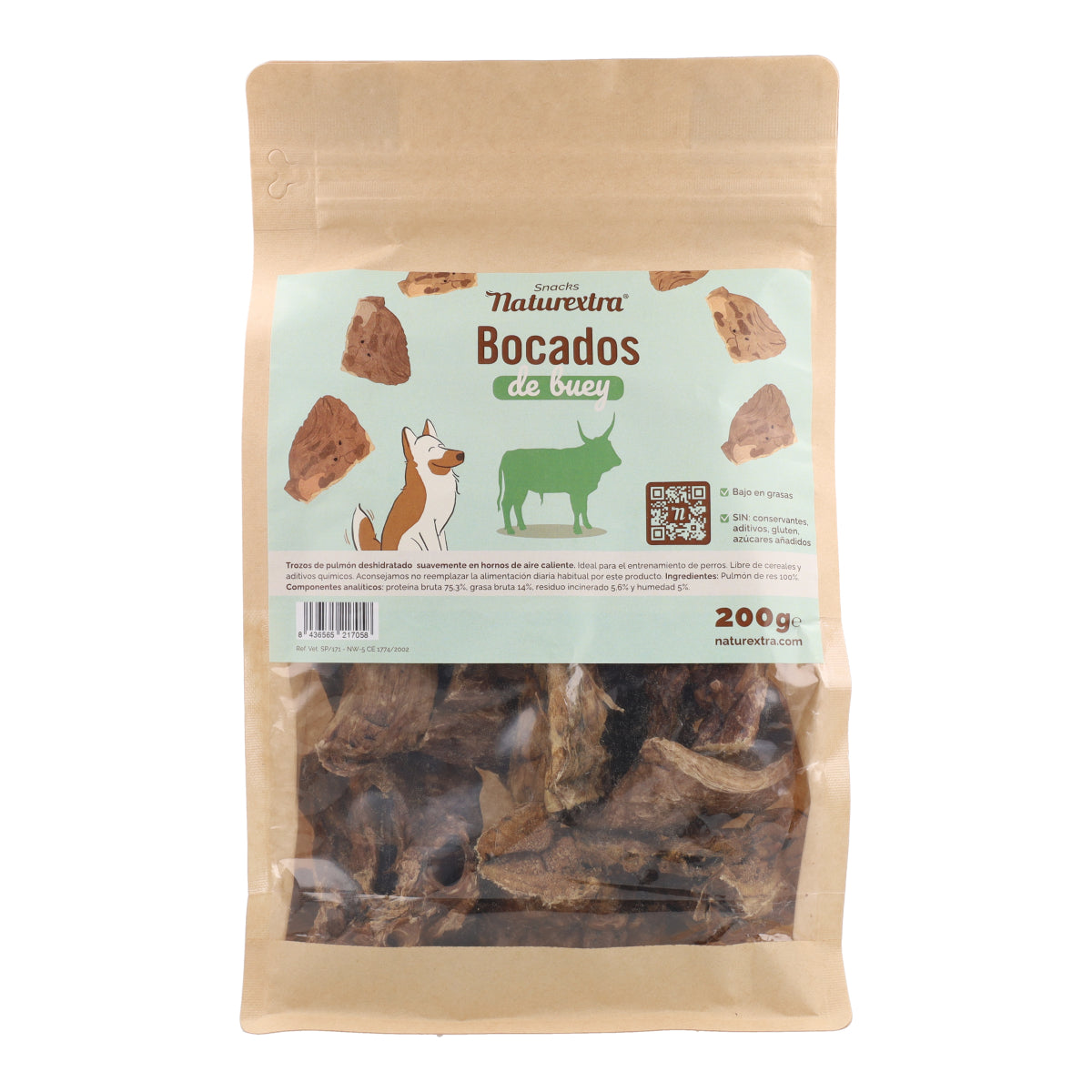 Snack natural para perros de bocados de buey 200 g NaturExtra