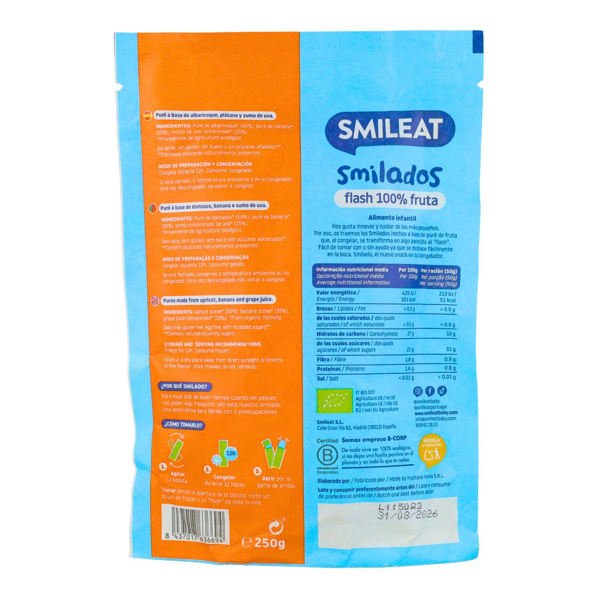 SMILADO albaricoque y plátano ecológico, helado flash infantil 100% fruta SMILEAT