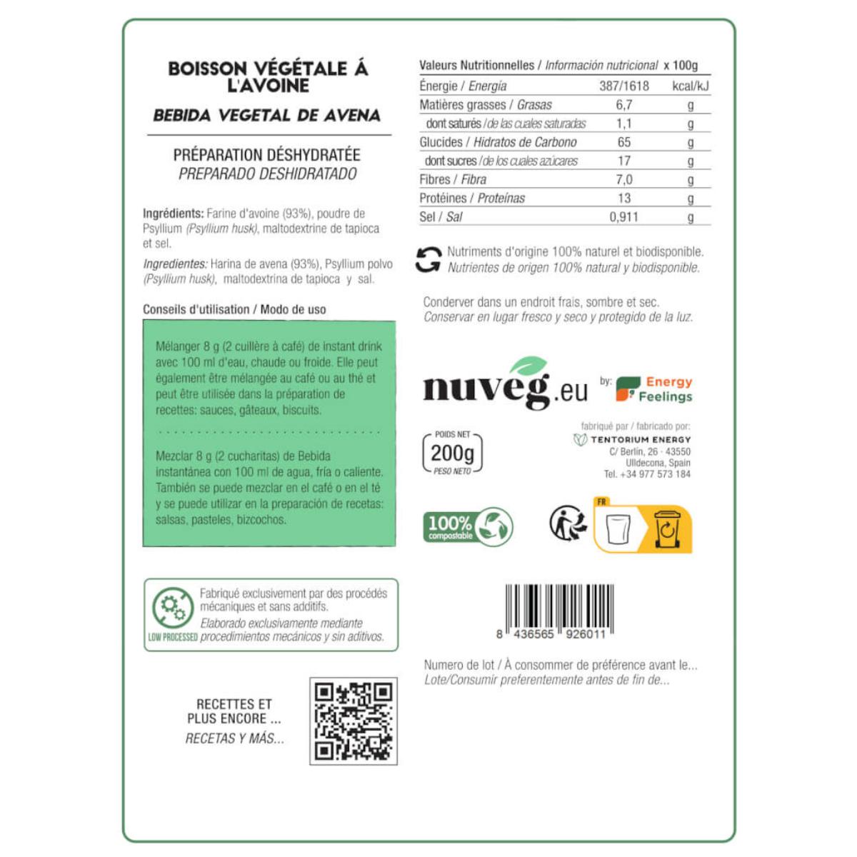 Bebida de avena ECO en polvo Nuveg 200 g para 2,5 litros