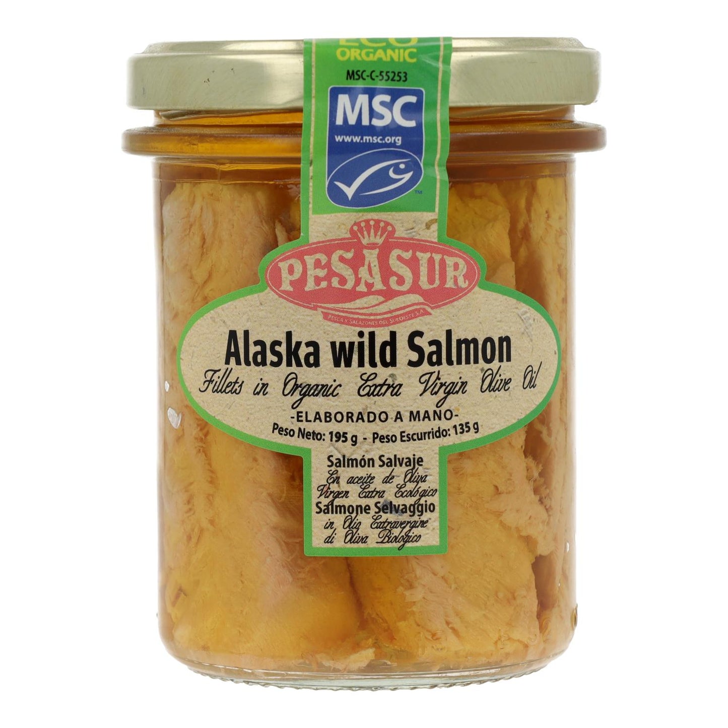 Filetes de salmón en aceite de oliva virgen extra ecológico Pesasur, 195 g