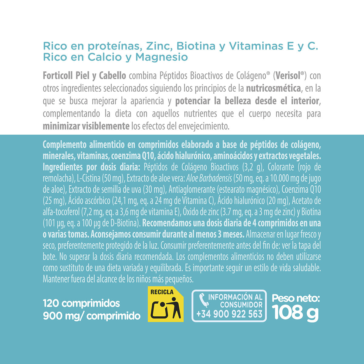 Colágeno Bioactivo Piel y Cabello Forticoll, 120 comprimidos