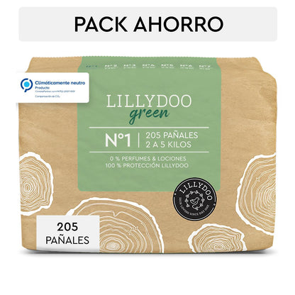 Pack ahorro Pañales LILLYDOO green, Talla 1, 2-5 Kg, 205 uds