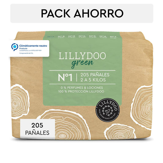 Pack ahorro Pañales LILLYDOO green, Talla 1, 2-5 Kg, 205 uds