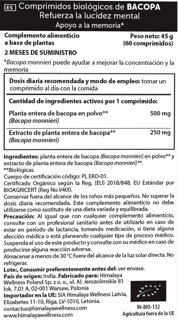Bacopa Organic, Himalaya, 60 cápsulas