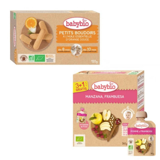 Galletas Dentición, 120 g + REGALO Pack 4x Pouche Manzana y Frambuesa, 90 g. Babybio