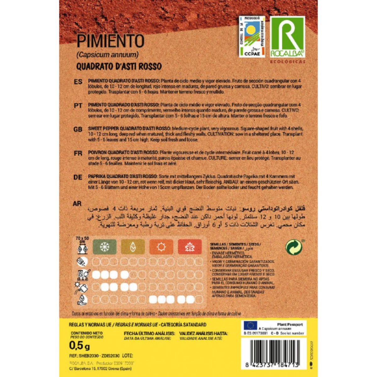 Semillas ecológicas de pimiento quadrato d'asti rosso Rocalba