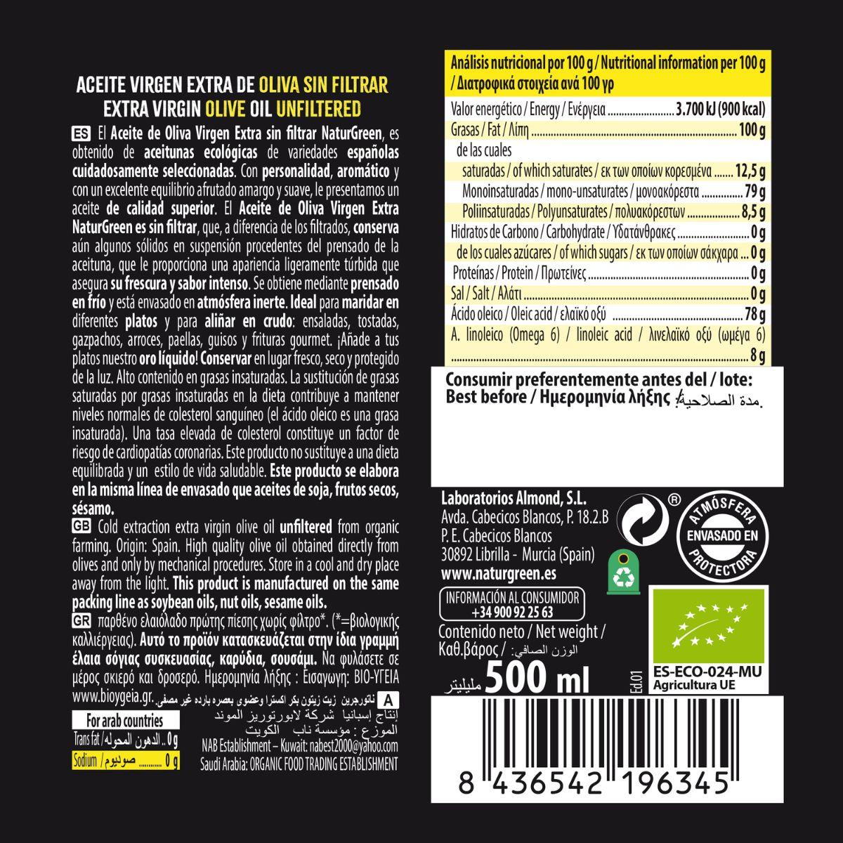 Aceite de Oliva Virgen Extra sin filtrar Bio NaturGreen, 500 ml