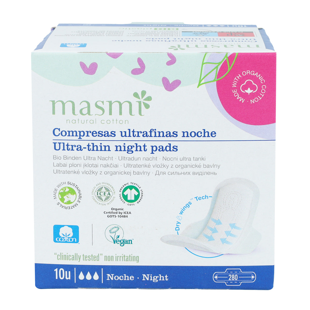 Compresas alas ultra noche 100% algodón Masmi 10 Uds