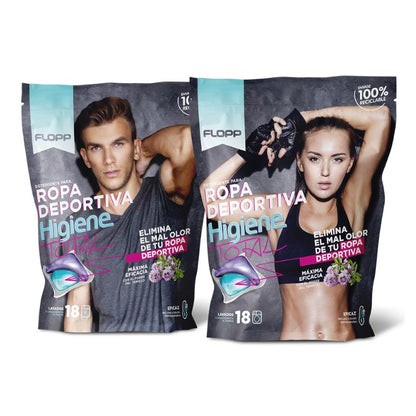 Pack 2 x Detergente Ropa Higiene Total Especial Deportistas Flopp 18 cápsulas