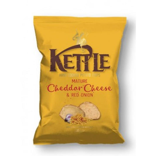 Patatas fritas con sabor queso cheddar curado y cebolla roja, Kettle 130g