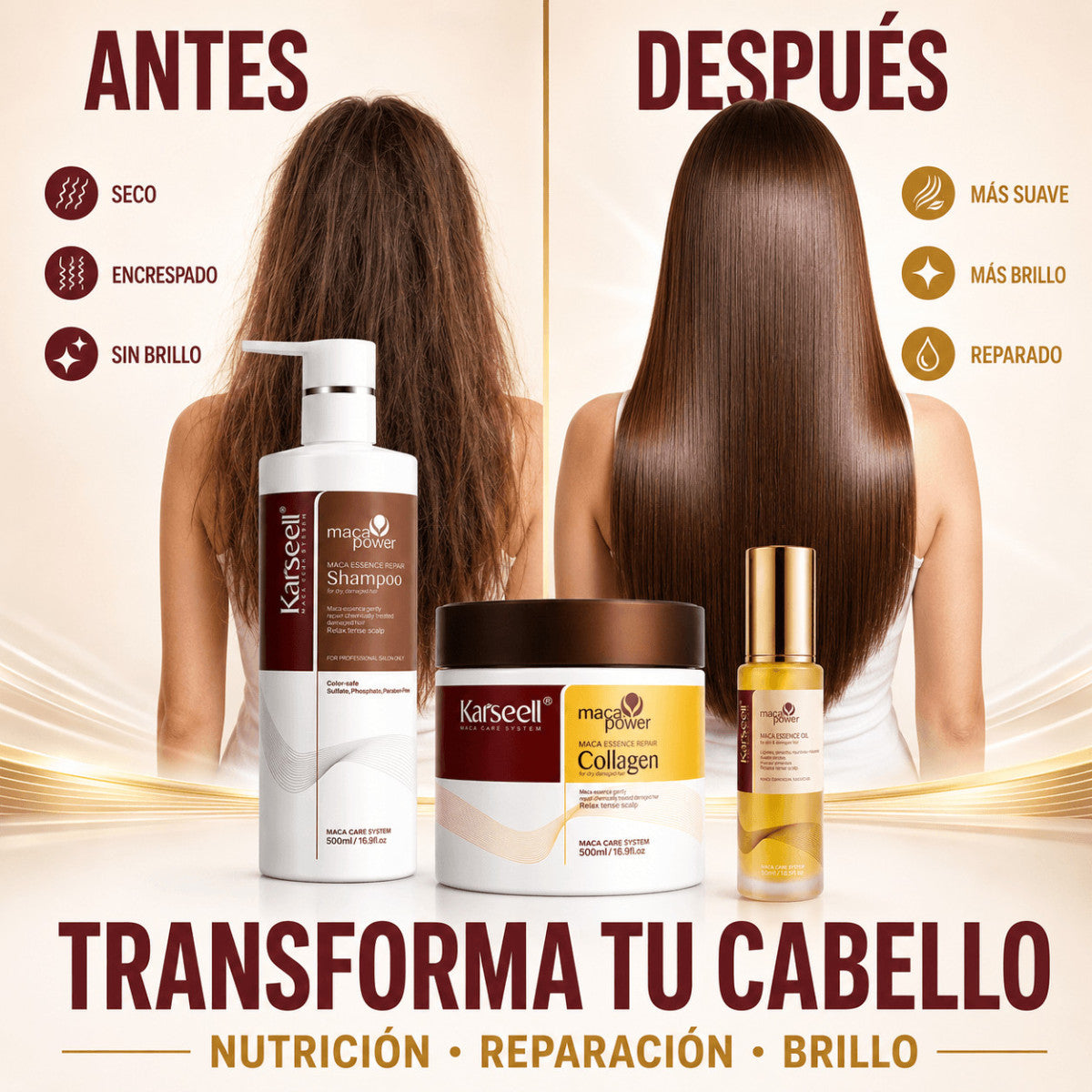 Set Mascarilla Colágeno + Aceite + Champú Maca Karseell 500ml + 50ml + 500ml