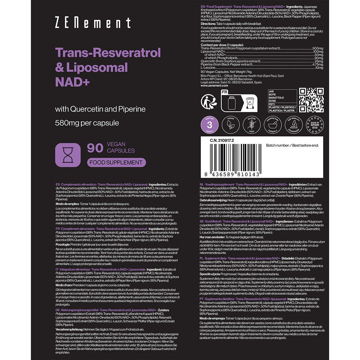 Trans-Resveratrol y NAD+ Liposomal con Quercetina y Piperina, Zenement, 90 Cápsulas Veganas