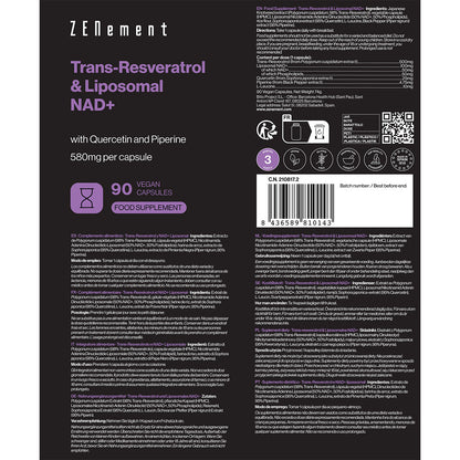Trans-Resveratrol y NAD+ Liposomal con Quercetina y Piperina, Zenement, 90 Cápsulas Veganas