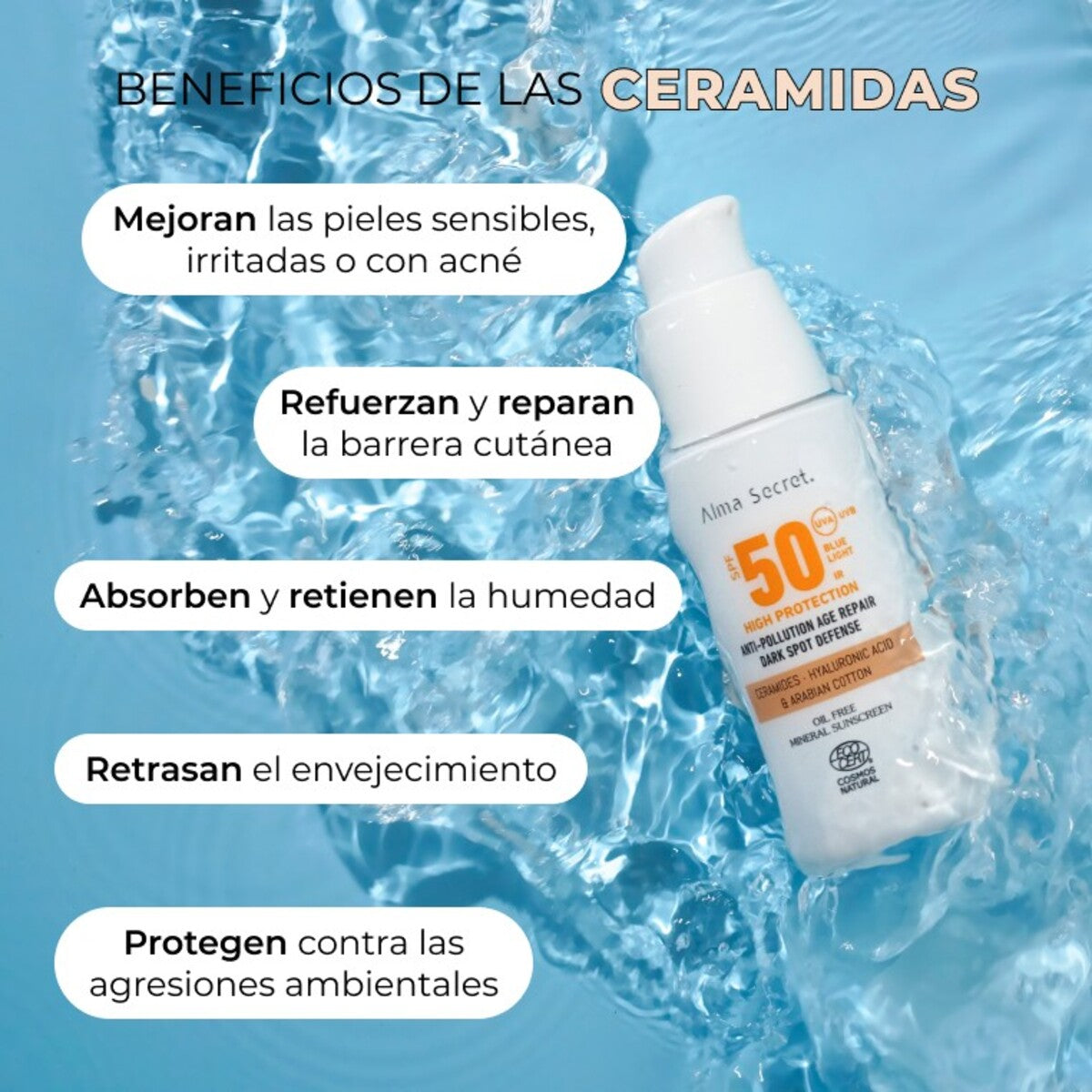 Solar Facial Golden SPF 50 con ceramidas, antimanchas y Oil-Free, Alma secret, 50 ml