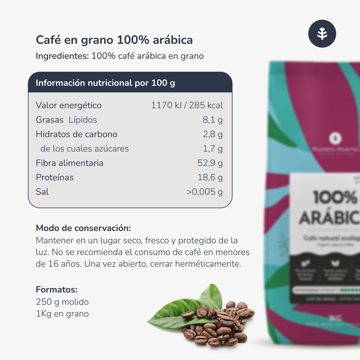Pack 2x Café en grano Eco 100% Arábica Planeta Huerto 1 Kg