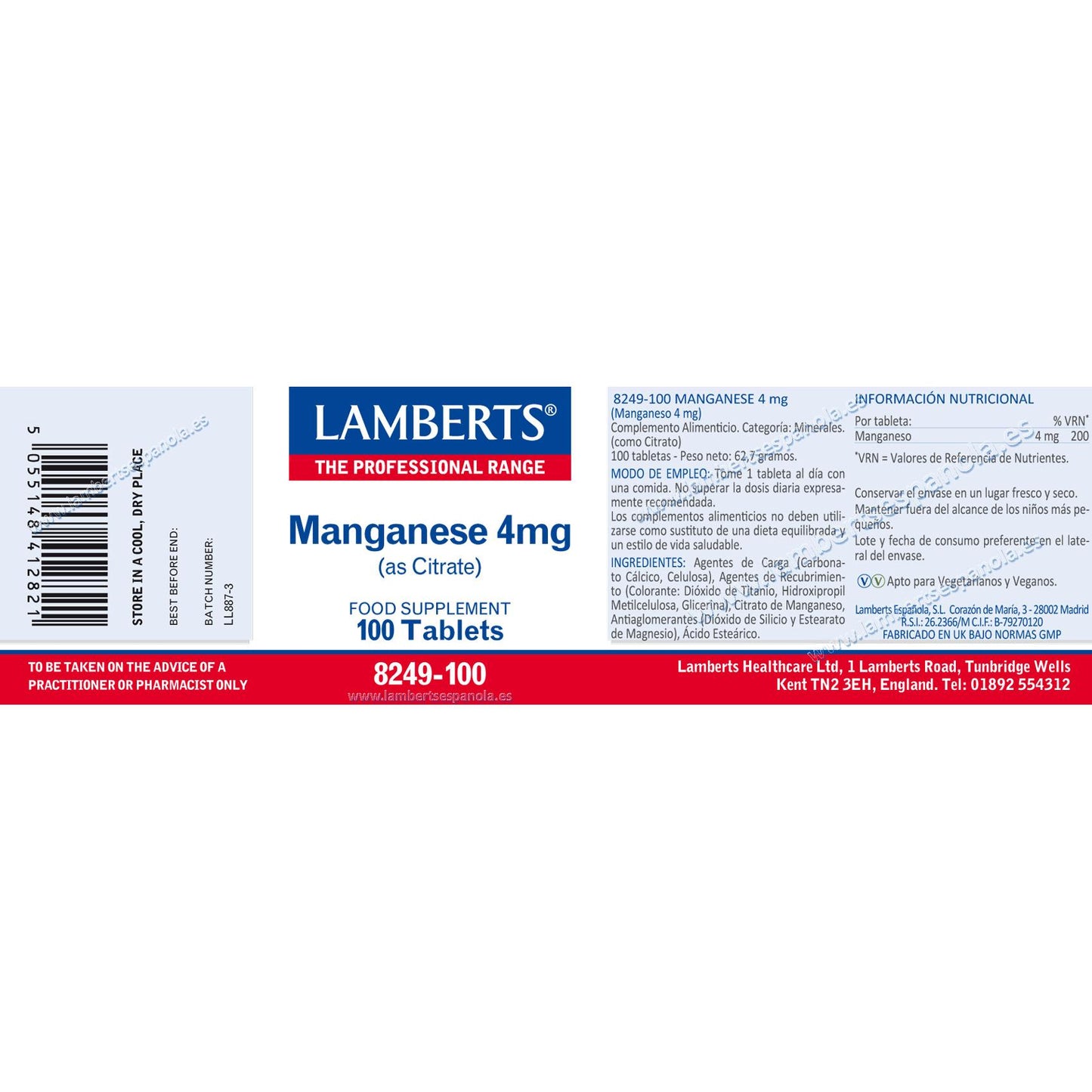 Manganeso Lamberts 100 tabletas