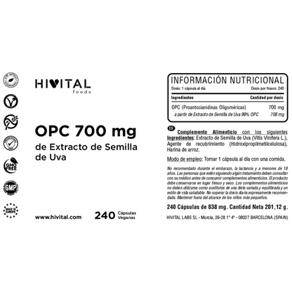 OPC semilla de uva 700 mg Hivital 240 cápsulas veganas