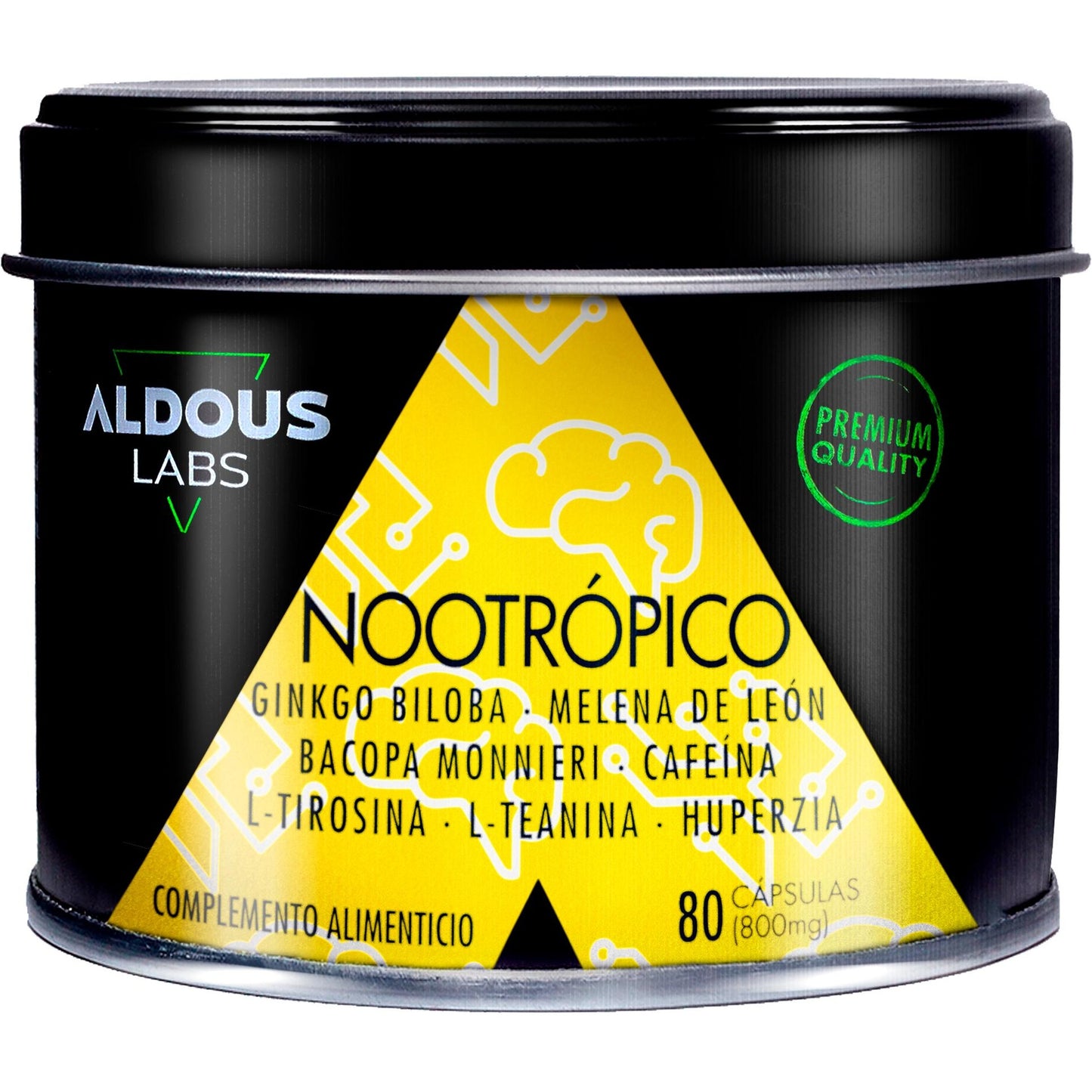 Nootrópico con Ginkgo Biloba, Melena de León, Cafeína, Bacopa, Tirosina, Teanina y Huperzina A Aldous 80 cápsulas