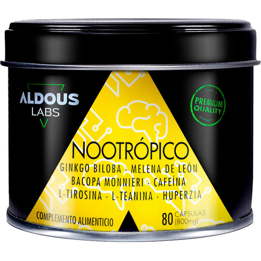 Nootrópico con Ginkgo Biloba, Melena de León, Cafeína, Bacopa, Tirosina, Teanina y Huperzina A Aldous 80 cápsulas