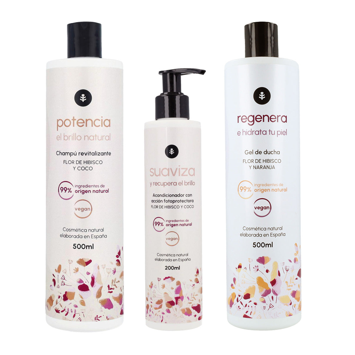 Pack Flor de Hibisco, Champú potenciador de brillo 500 ml + Gel de ducha 500 ml + Acondicionador recuperador de brillo 200 ml