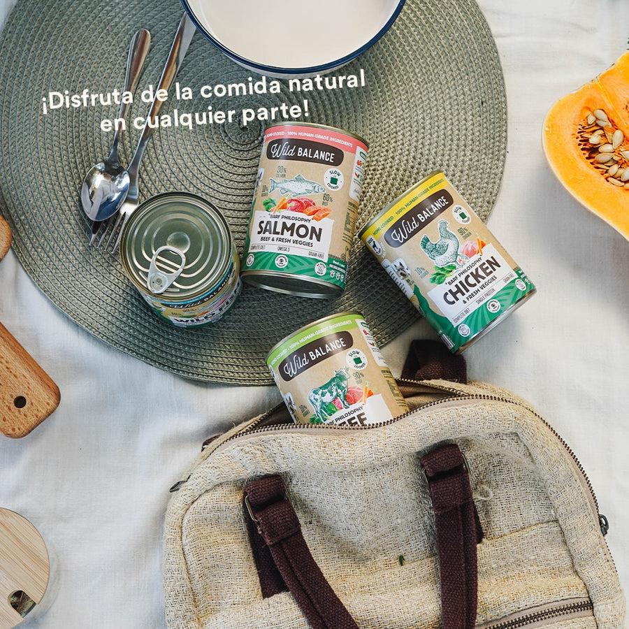 Pack 6x Salmón y Ternera barf para perros 400 g + Regalo: Tapa reutilizable para latas, Wild Balance