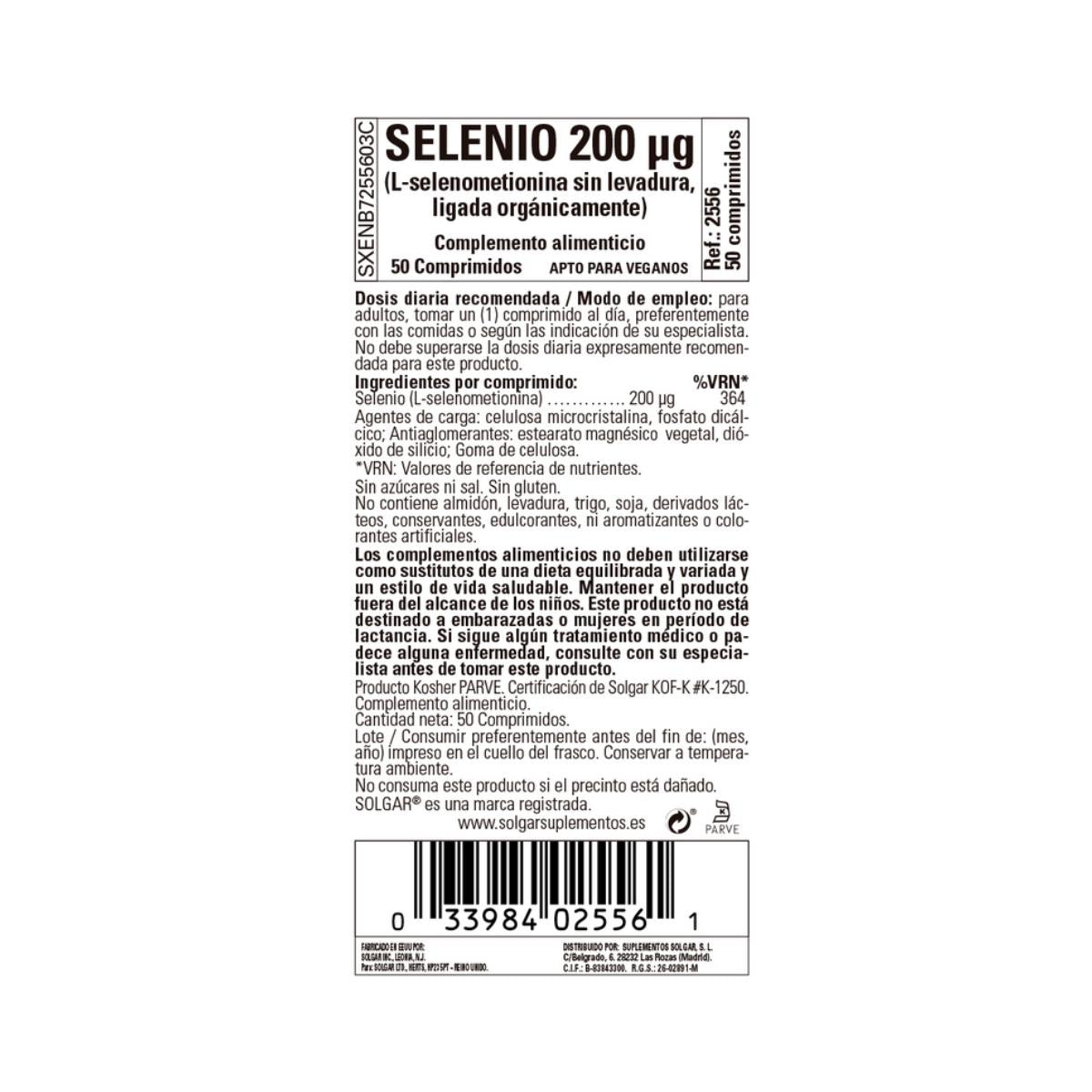 Selenio (Sin Levadura) 200mg Solgar