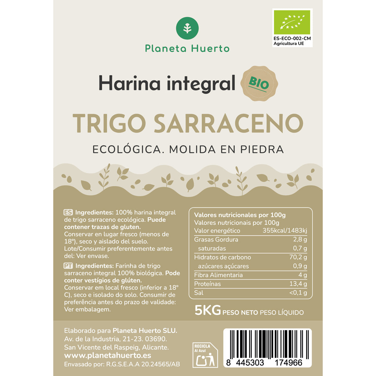 Harina Integral Trigo Sarraceno Eco Planeta Huerto 5 Kg