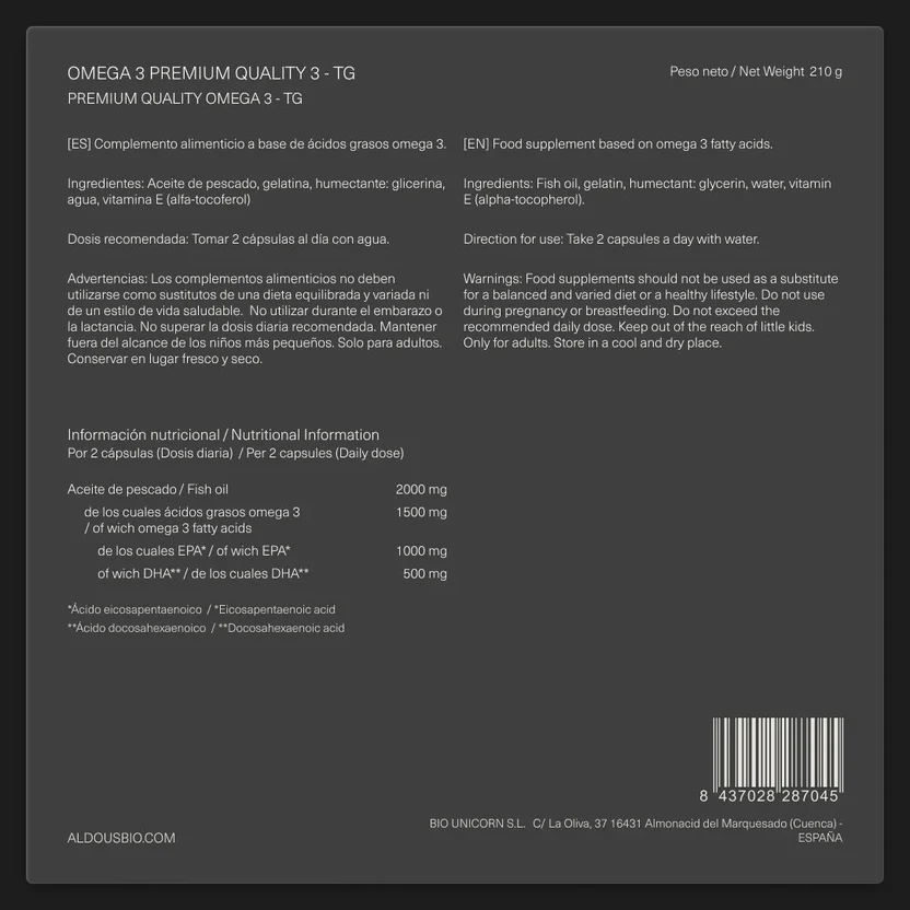 Omega 3 Capsulas Premium 1000 mg EPA y 500 mg DHA Aldous Bio 150 Cápsulas