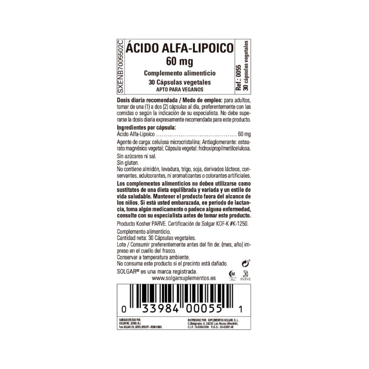 Ácido Alfa Lipoico, 30 cápsulas vegetales (60mg)