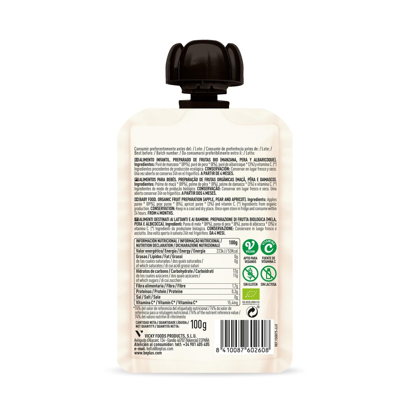 Pouch manzana, pera y albaricoque BIO Be Plus 100 g